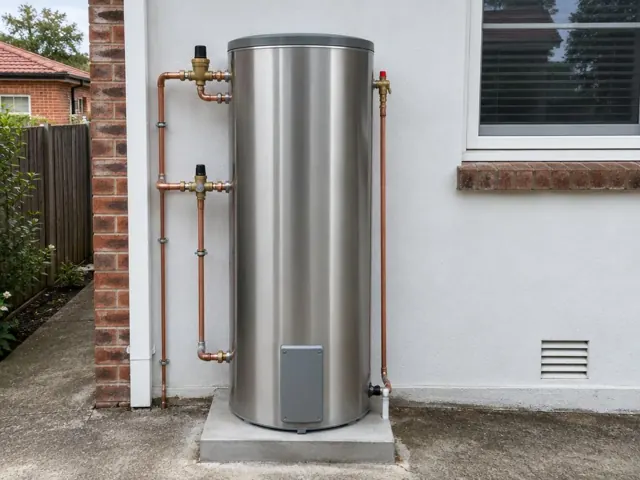 Outdoor hot water cylinder beside a brick wall with copper pipework and a concrete pad in Fairfield